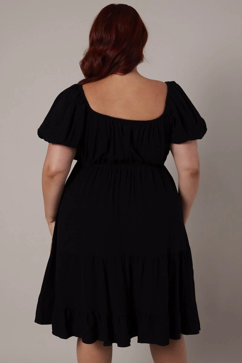 Black Mini Dress Linen Blend Puff Sleeve Sweetheart Neck Tall Girl Night Out