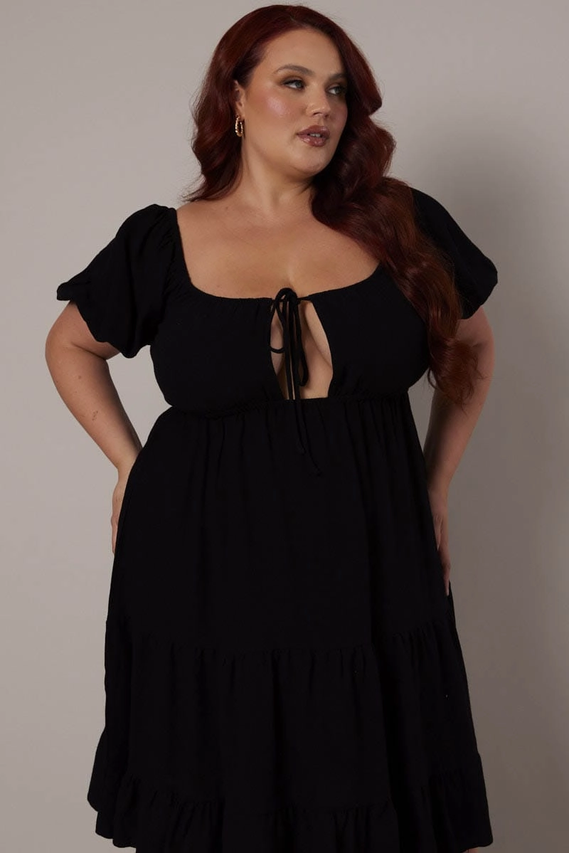 Non-Iron Comfortable Wear Black Mini Dress Linen Blend Puff Sleeve Sweetheart Neck