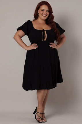 Maternity-Fit Formal Look Black Mini Dress Linen Blend Puff Sleeve Sweetheart Neck