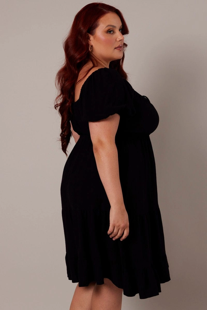 Balanced Look Black Mini Dress Linen Blend Puff Sleeve Sweetheart Neck
