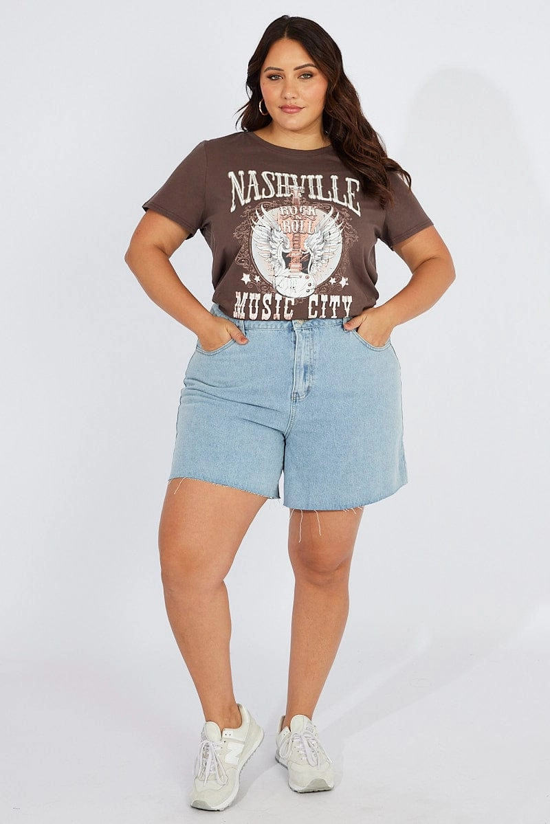 Brown Graphic T-shirt Short Sleeve Crew Neck Quick Fit Wear