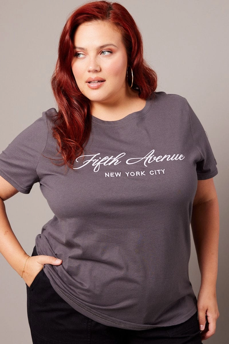 Modern Simplicity Boat neck style Grey Graphic T-shirt Short Sleeve Crew Neck