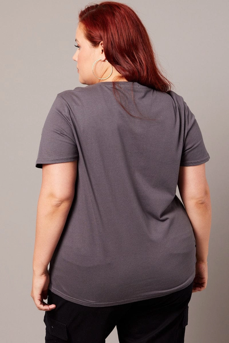 Natural Fiber Blend sequined details Grey Graphic T-shirt Short Sleeve Crew Neck