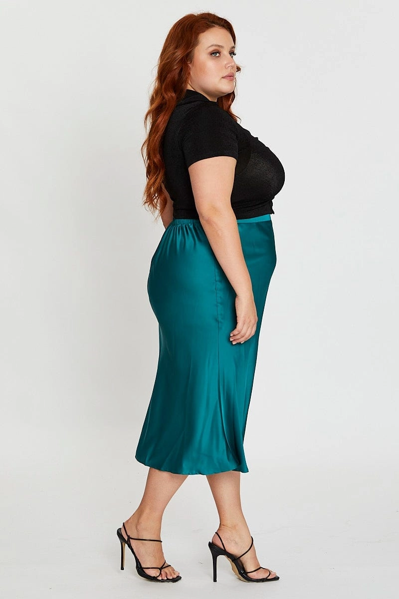 Stretch Waist Subtle Details Green Midi Satin Skirt Elastic Waist