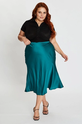 Green Midi Satin Skirt Elastic Waist Heritage Inspired Twist Knot Details