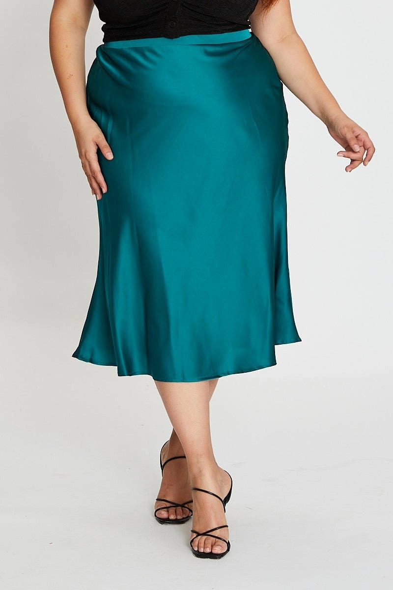 Green Midi Satin Skirt Elastic Waist Heritage Inspired