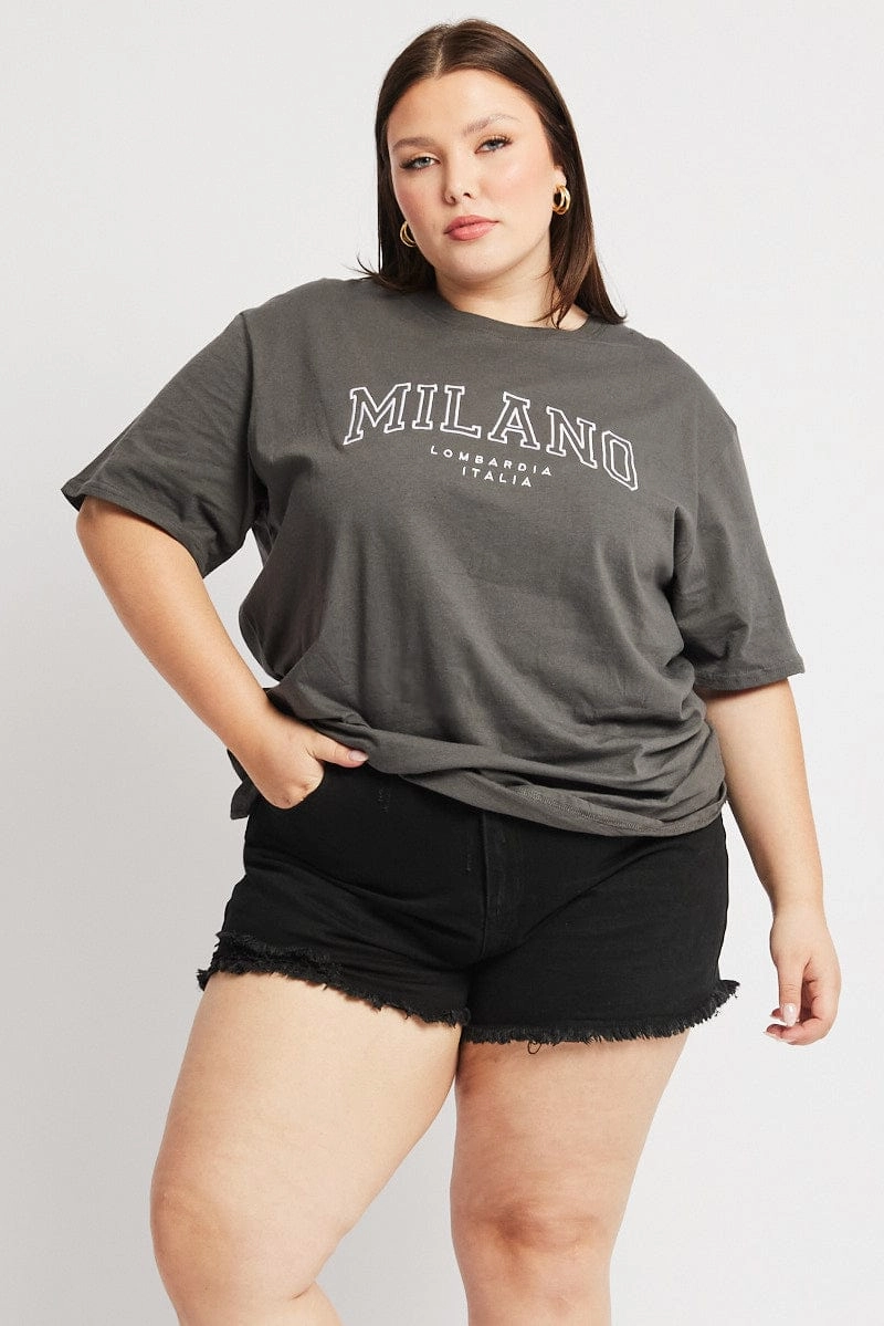 Grey Graphic T-shirt Short Sleeve Crew Neck Boat Neck Cozy and Soft