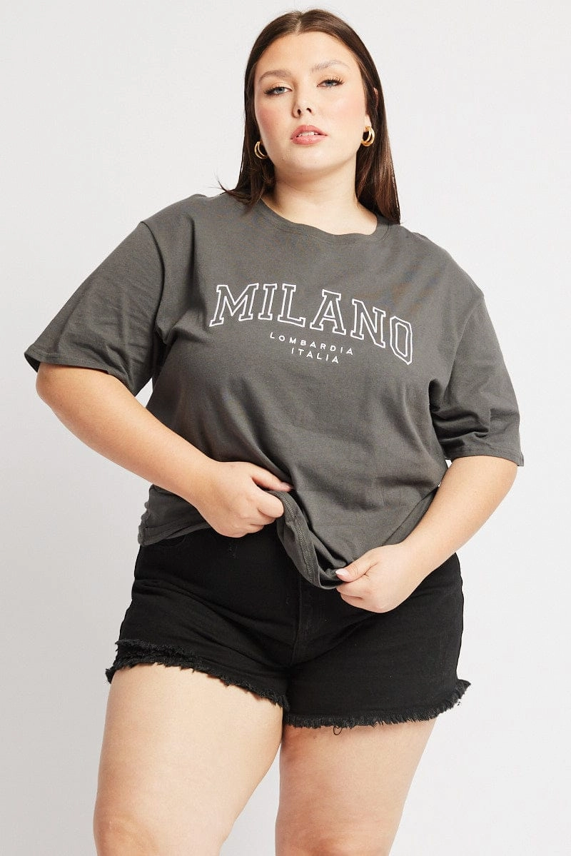 Stone Wash Process Grey Graphic T-shirt Short Sleeve Crew Neck