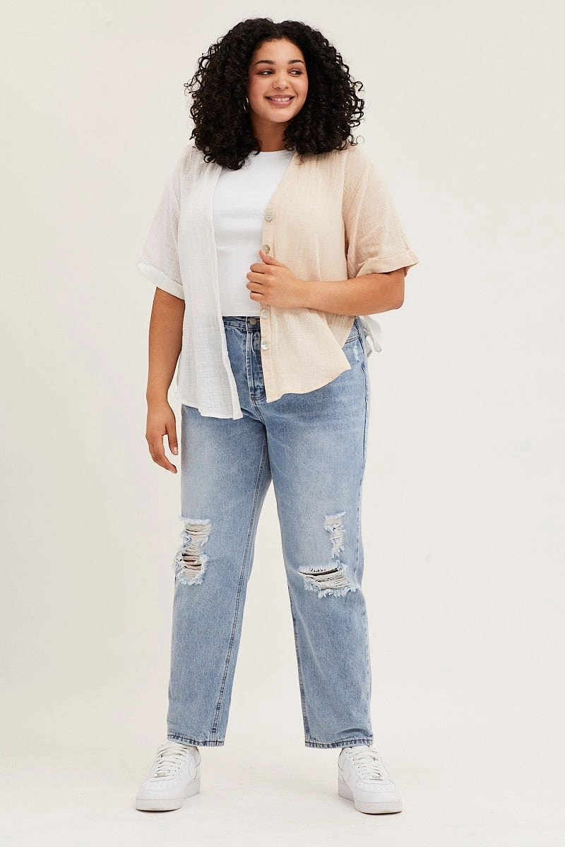 White Short Sleeve V-neck Loose Fit Color Block Shirt Stretch Material