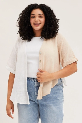 Solid Hue Smart Look White Short Sleeve V-neck Loose Fit Color Block Shirt