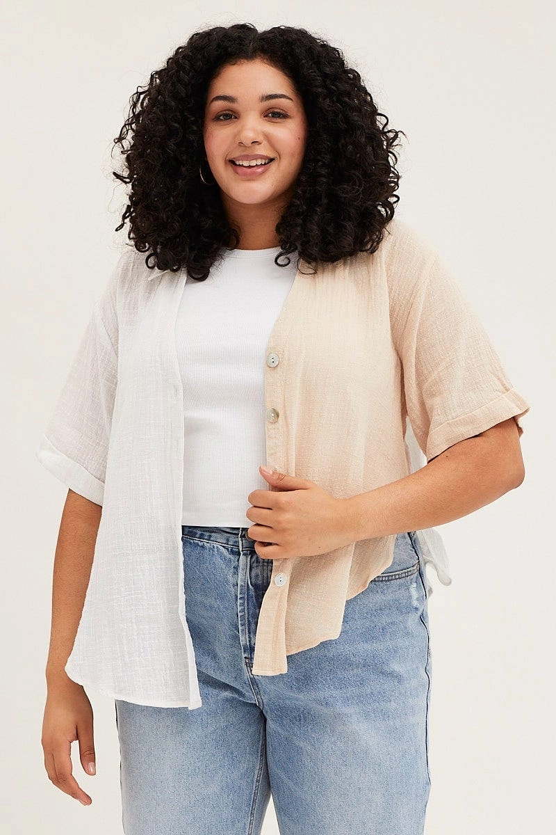 Wardrobe Essential White Short Sleeve V-neck Loose Fit Color Block Shirt