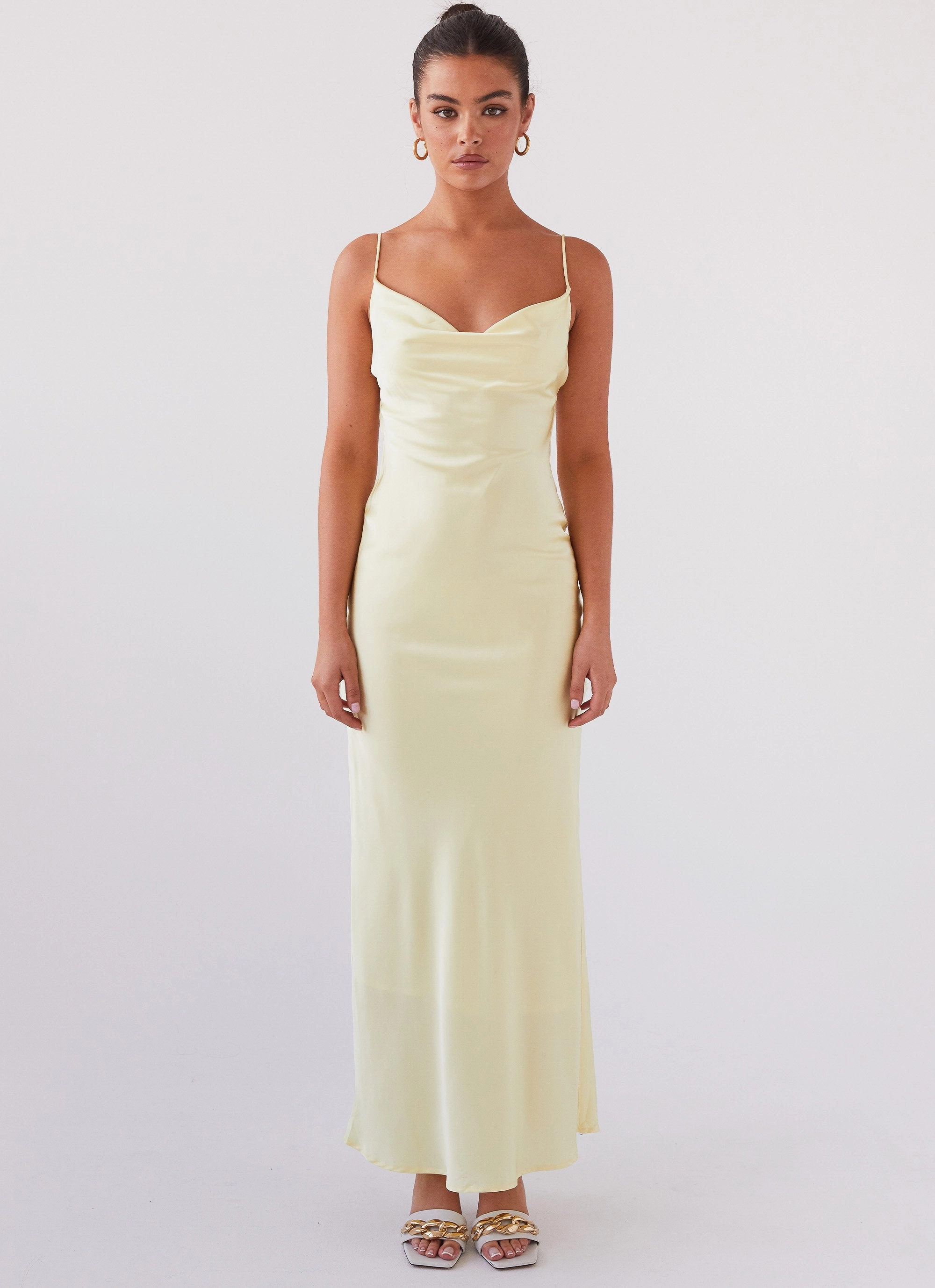 Soft Stretch Confident Mood Joanna Satin Maxi Dress - Lemon