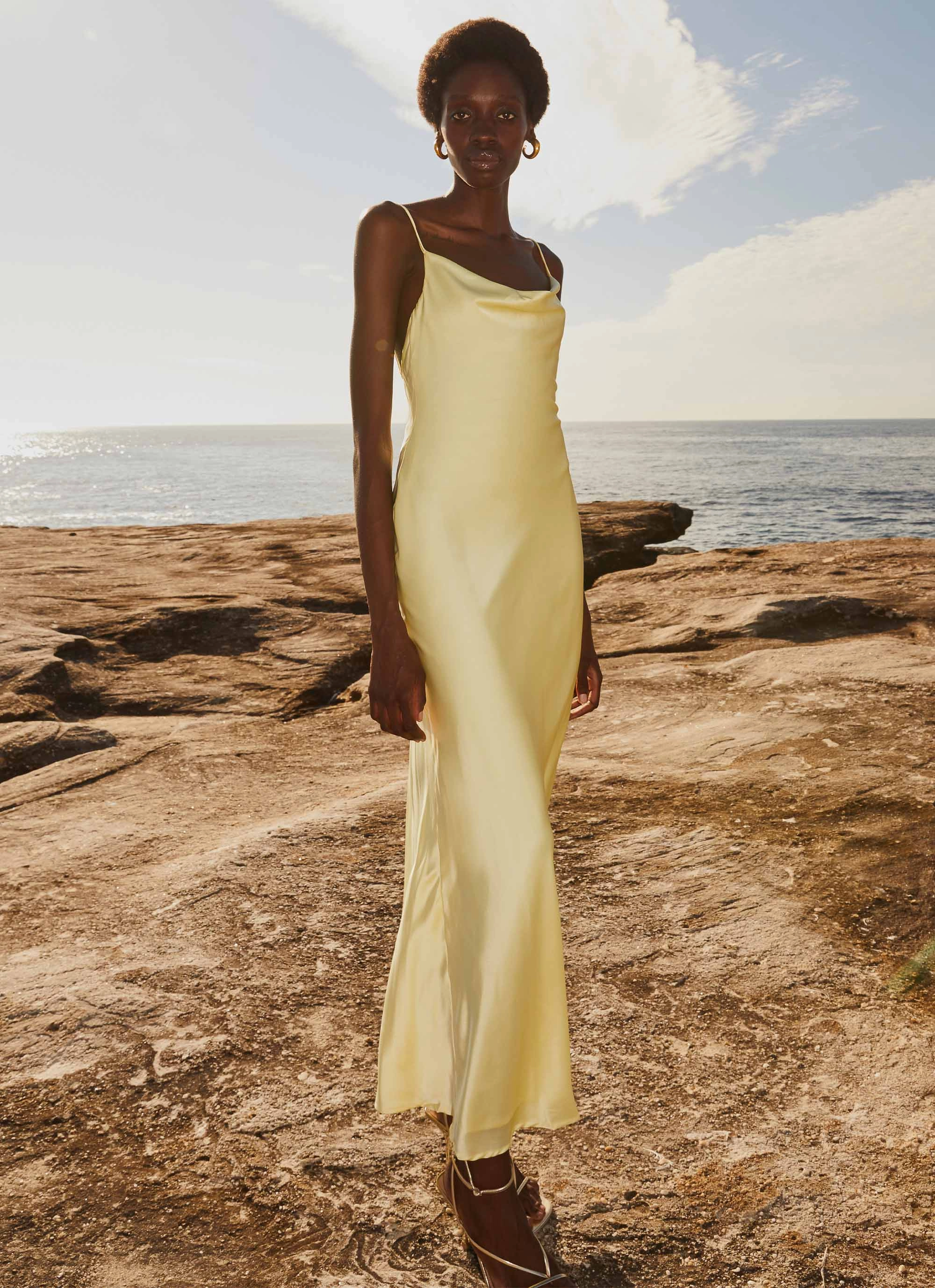 Joanna Satin Maxi Dress - Lemon Cozy Balance
