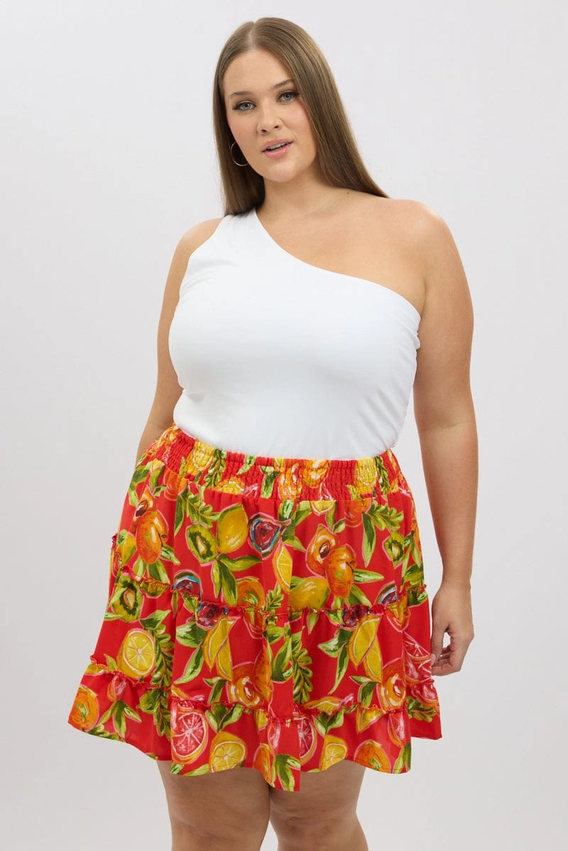 Polished Cut Red Abstract Holiday Fruit Print Mini Skirt