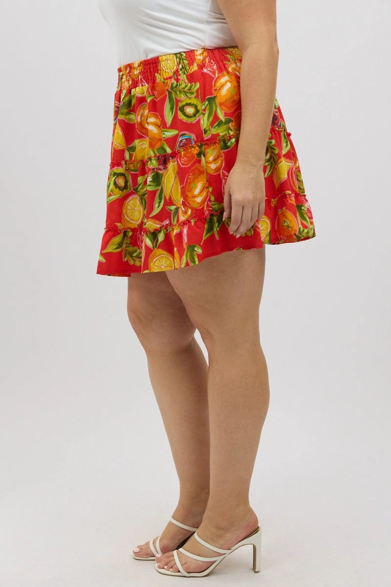 Visual Outfit Red Abstract Holiday Fruit Print Mini Skirt