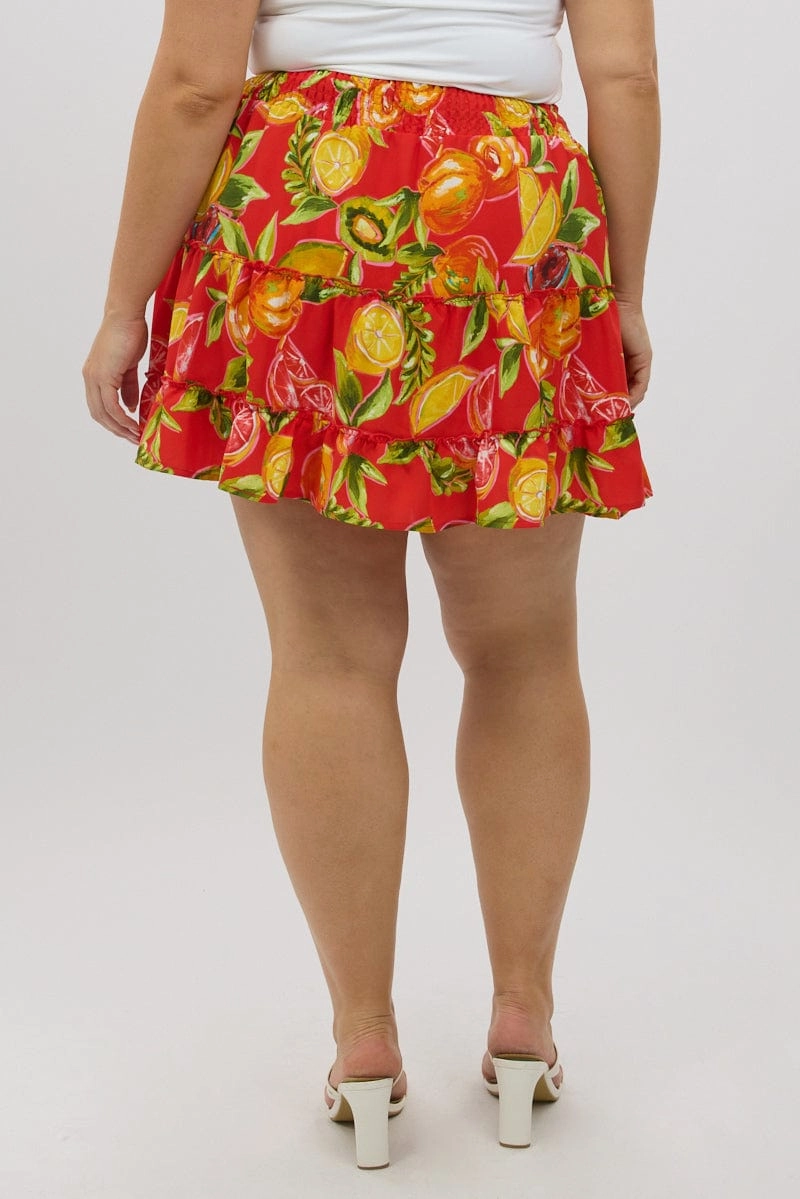 Washable fabric Full Circle Red Abstract Holiday Fruit Print Mini Skirt