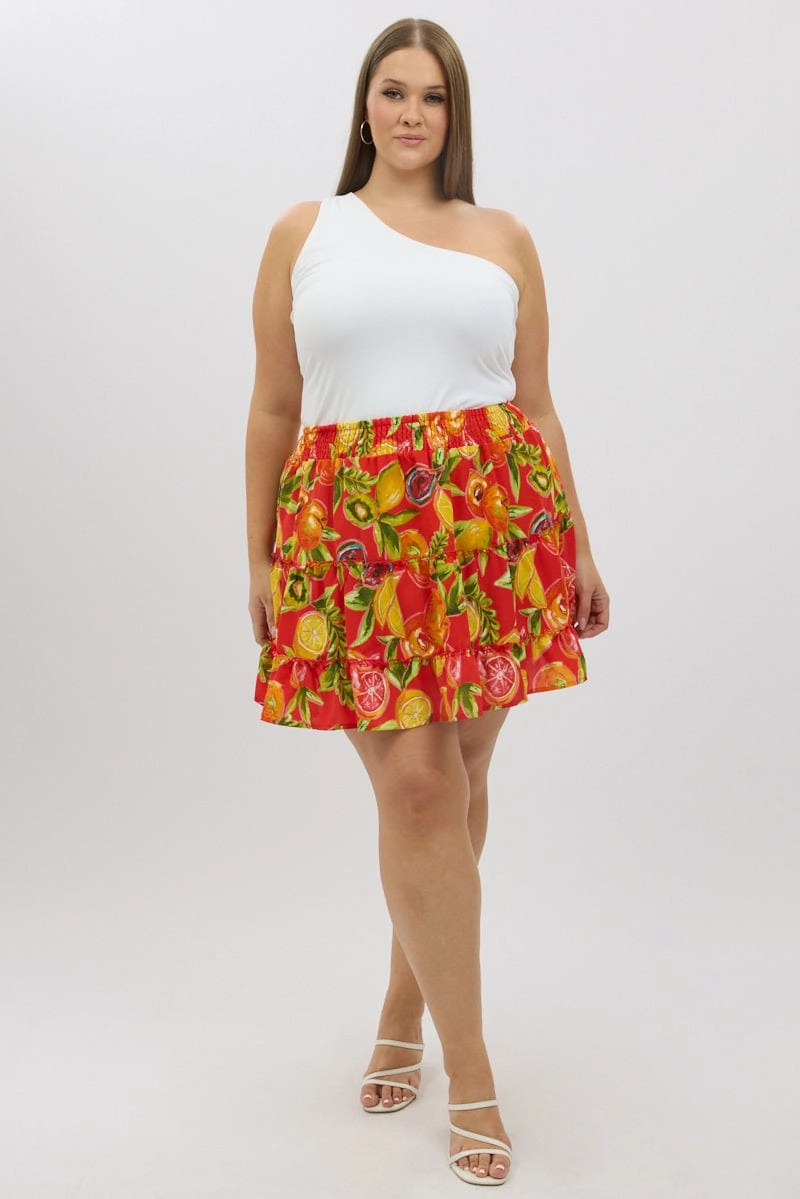 Red Abstract Holiday Fruit Print Mini Skirt Water resistant coating Contoured Waist