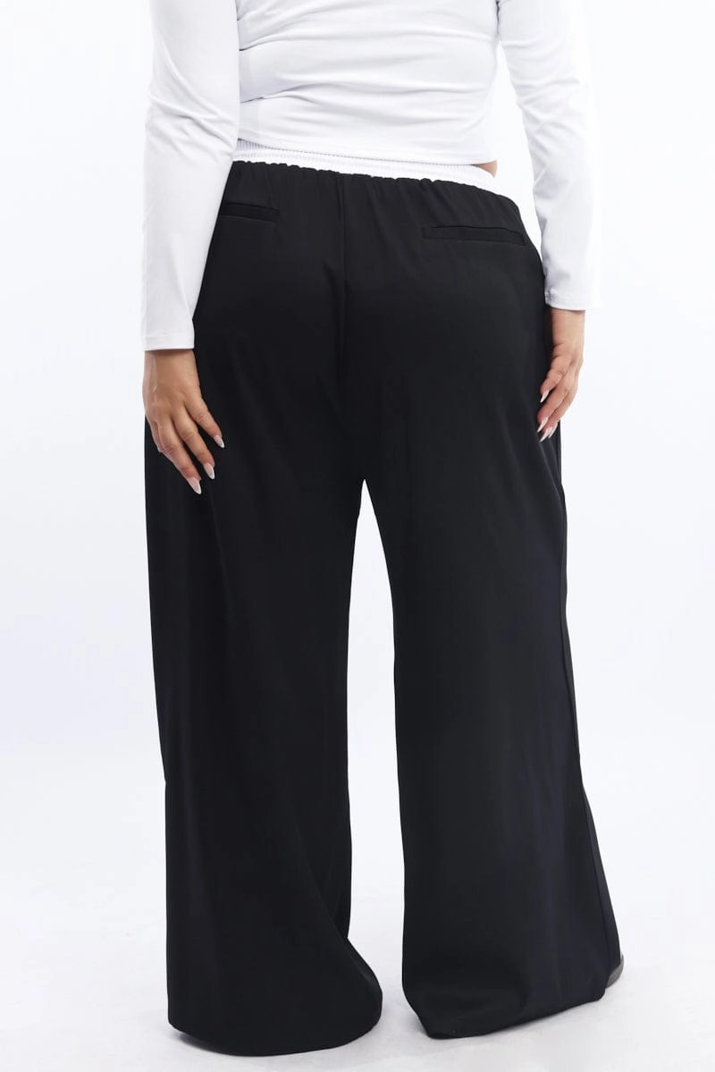 All Day Wear Comfort Black Contrast Waistband Wide Leg Pants