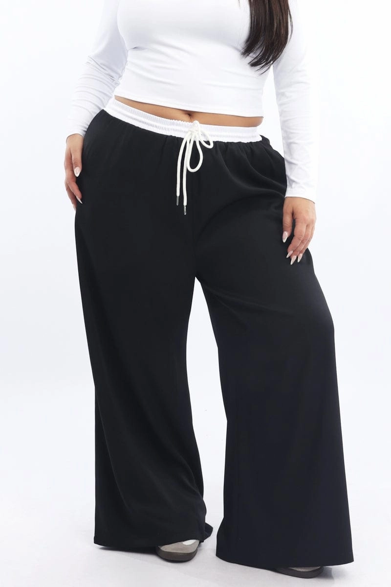 Abrasion Resistant Panels Black Contrast Waistband Wide Leg Pants
