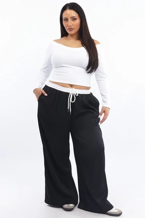 Black Contrast Waistband Wide Leg Pants BreathableFabric
