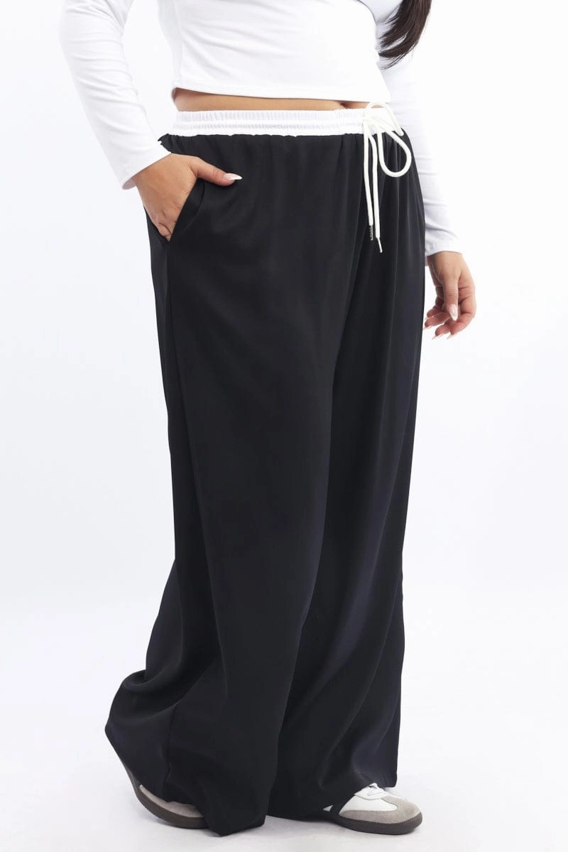 windproof Movement Support Black Contrast Waistband Wide Leg Pants
