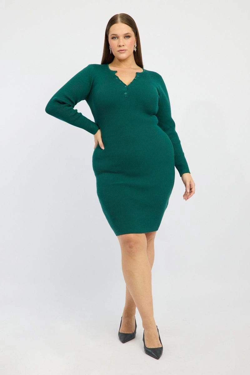 Side Ruching Blue Midi Knit Bodycon Dress V-neck Long Sleeve