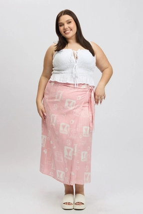 City Tones Pink Abstract Faux Wrap Linen Blend Midi Skirt