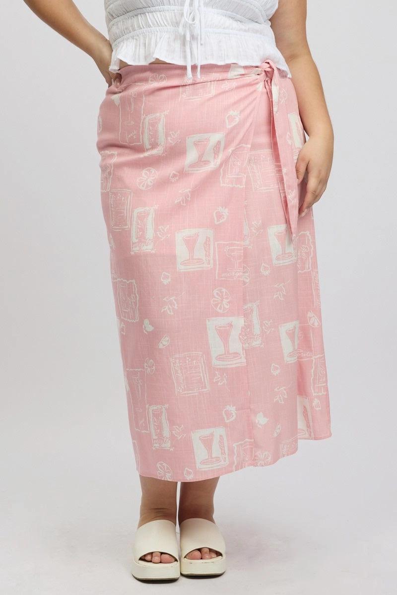 Gentle Vibe Cool Touch Pink Abstract Faux Wrap Linen Blend Midi Skirt