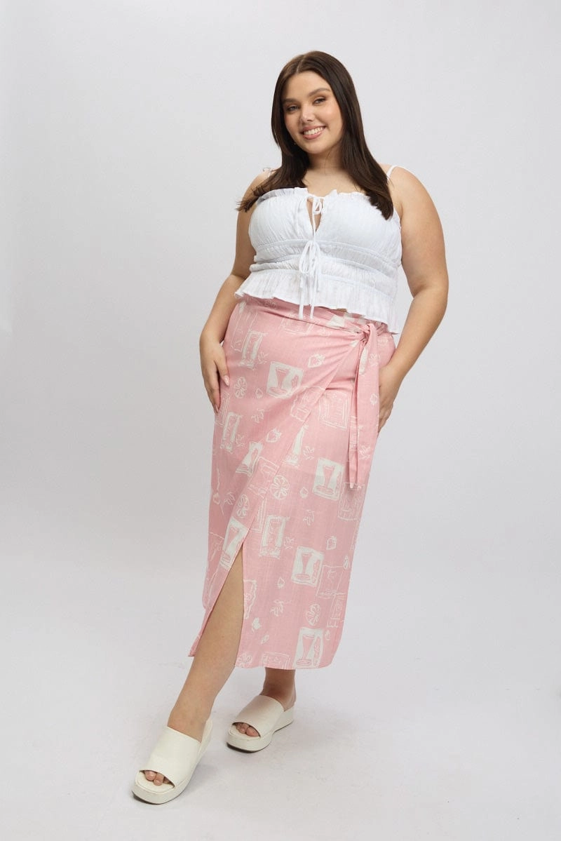 Lightweight Fabric natural fiber Pink Abstract Faux Wrap Linen Blend Midi Skirt