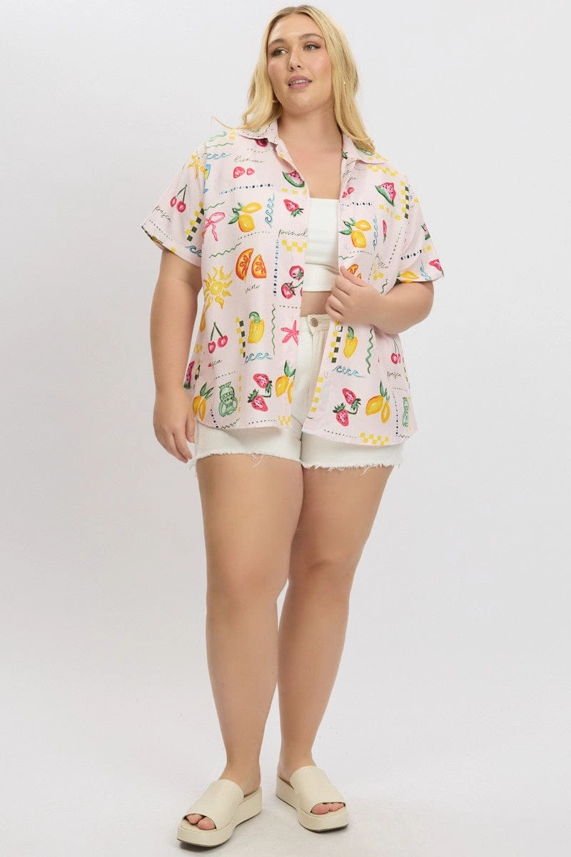 Non Iron Material Pink Abstract Relaxed Shirt Short Sleeve