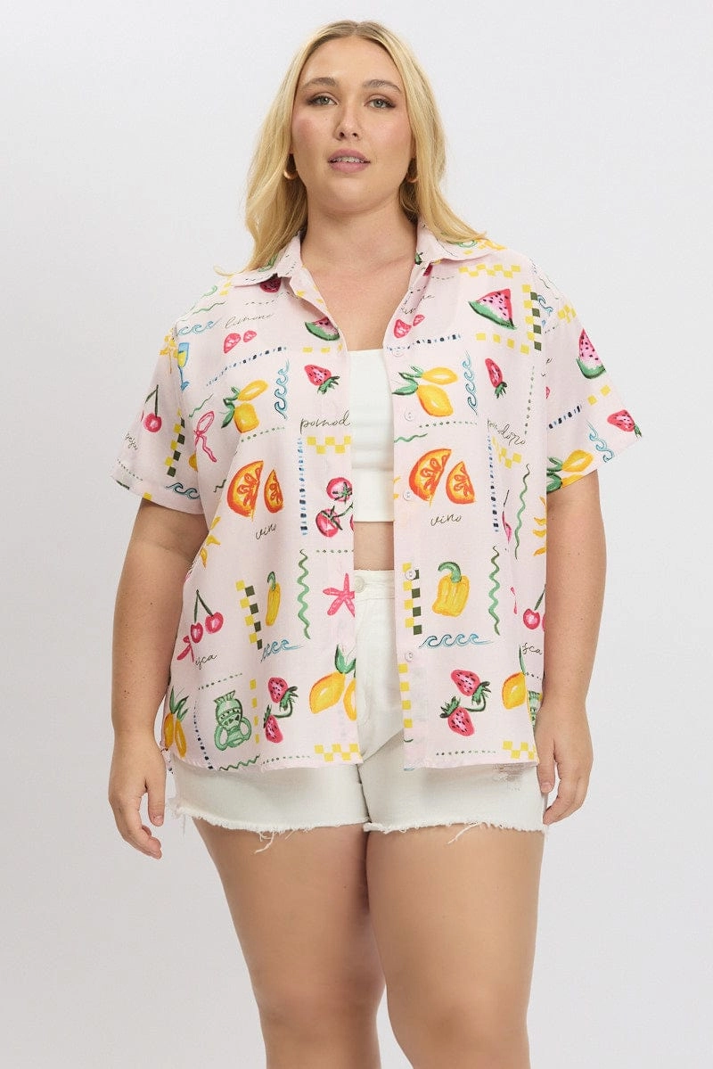 Non Iron Material Pink Abstract Relaxed Shirt Short Sleeve