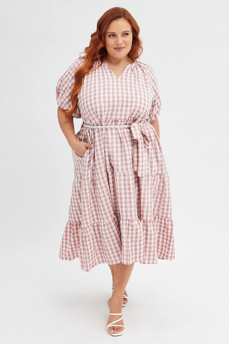 Pink Check Midi Dress Gingham Tie Waist Collared bold appearance