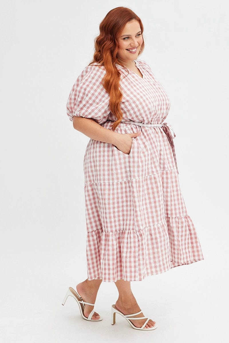 Timeless Fit Look Pink Check Midi Dress Gingham Tie Waist Collared