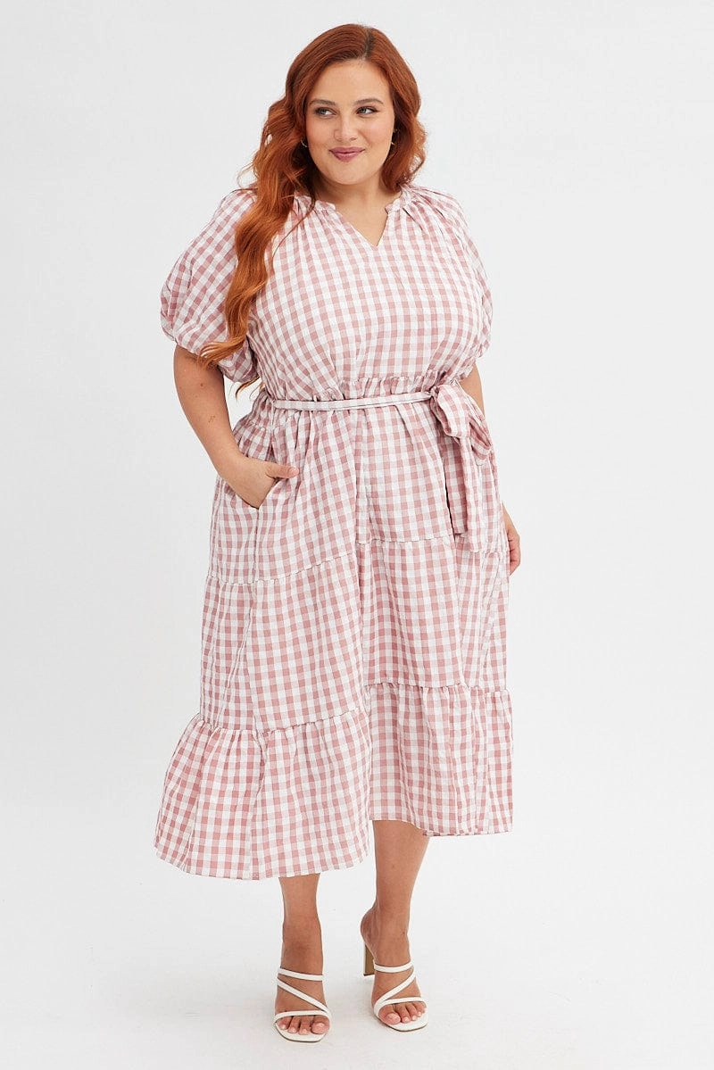 Pink Check Midi Dress Gingham Tie Waist Collared Street-Style