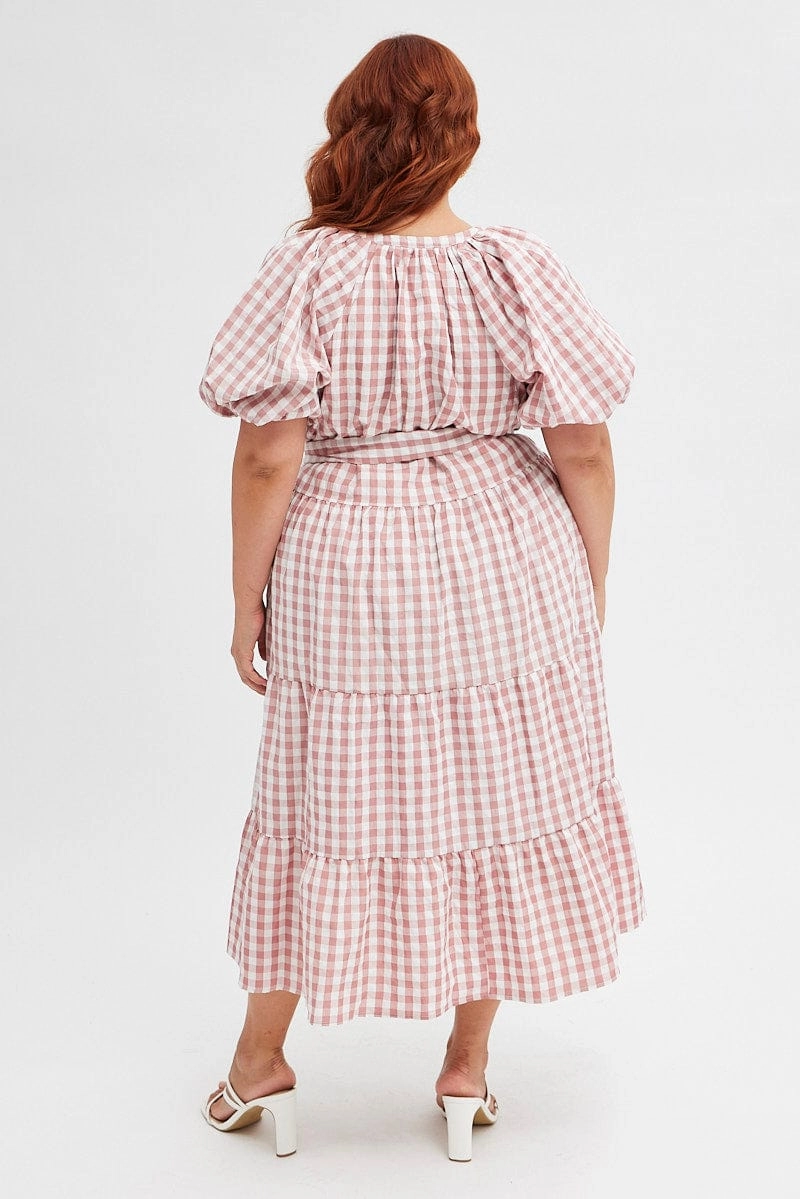 Eco-Lining Elegant Mood Pink Check Midi Dress Gingham Tie Waist Collared