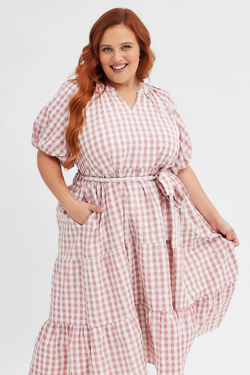 Pink Check Midi Dress Gingham Tie Waist Collared Unisex Option