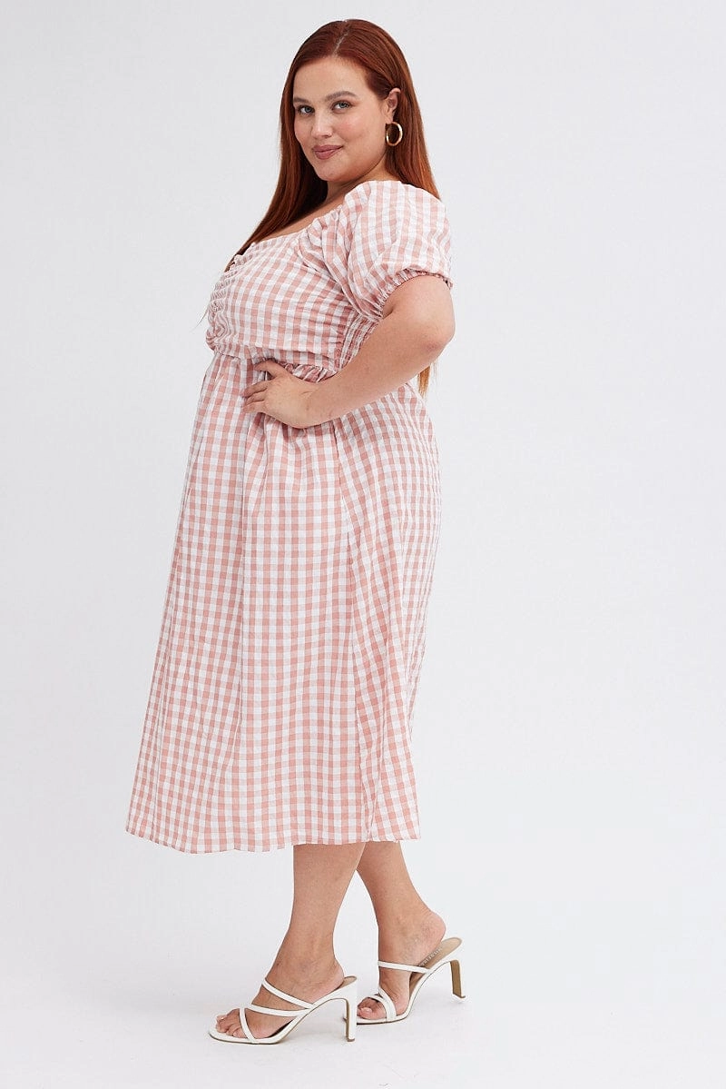 Chic Direction Structured Fit Pink Check Midi Dress Ruched Bodice Gingham Puff Sleeve