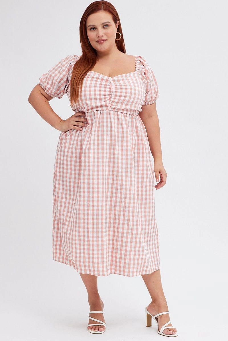 Pink Check Midi Dress Ruched Bodice Gingham Puff Sleeve Matte Fabric Tailored Style