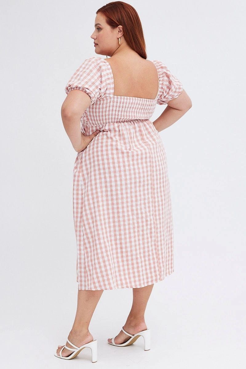 Modern Soft Pink Check Midi Dress Ruched Bodice Gingham Puff Sleeve