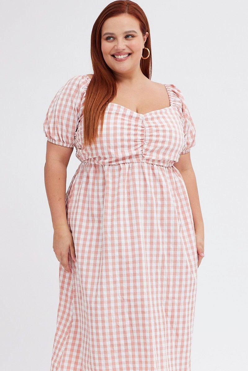 Perfect Wearable Perfect Waistband Pink Check Midi Dress Ruched Bodice Gingham Puff Sleeve