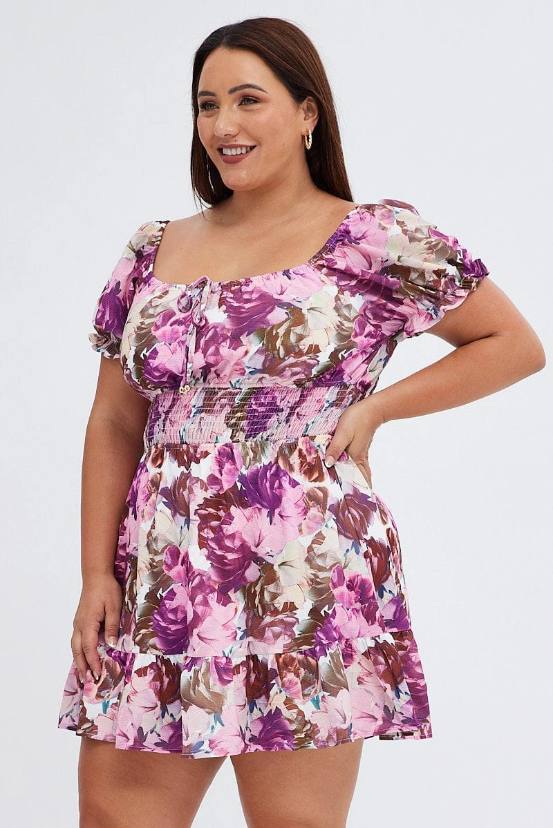 Quiet Luxury Pink Floral Fit And Flare Dress Short Sleeve Gathered Bust