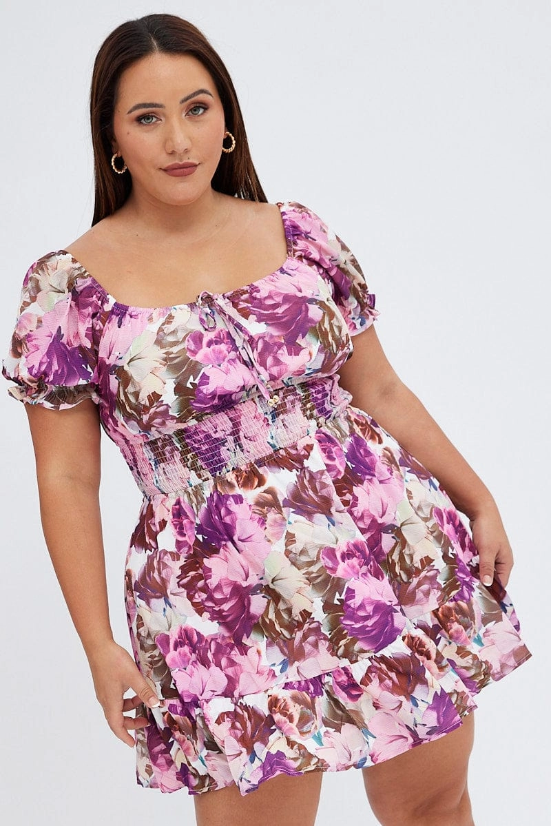 Pink Floral Fit And Flare Dress Short Sleeve Gathered Bust Effortless weekend dress