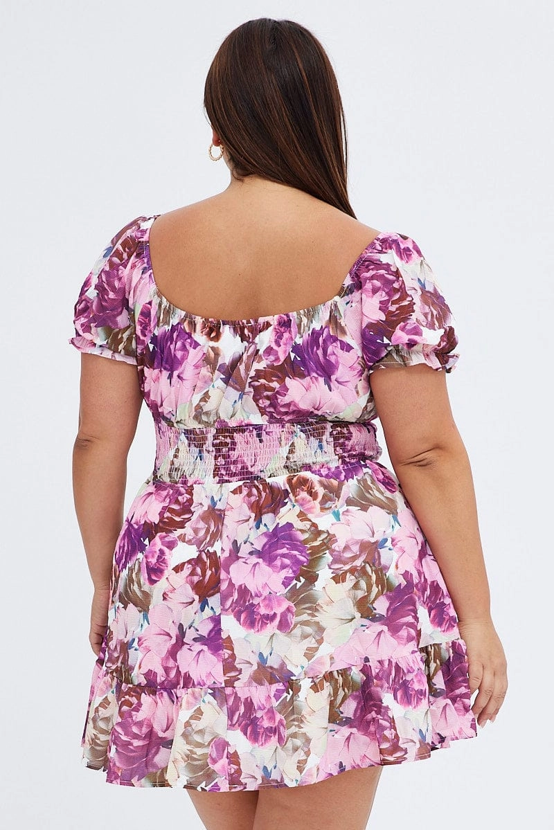 Pink Floral Fit And Flare Dress Short Sleeve Gathered Bust Gender Inclusive Perfect Fit Wear