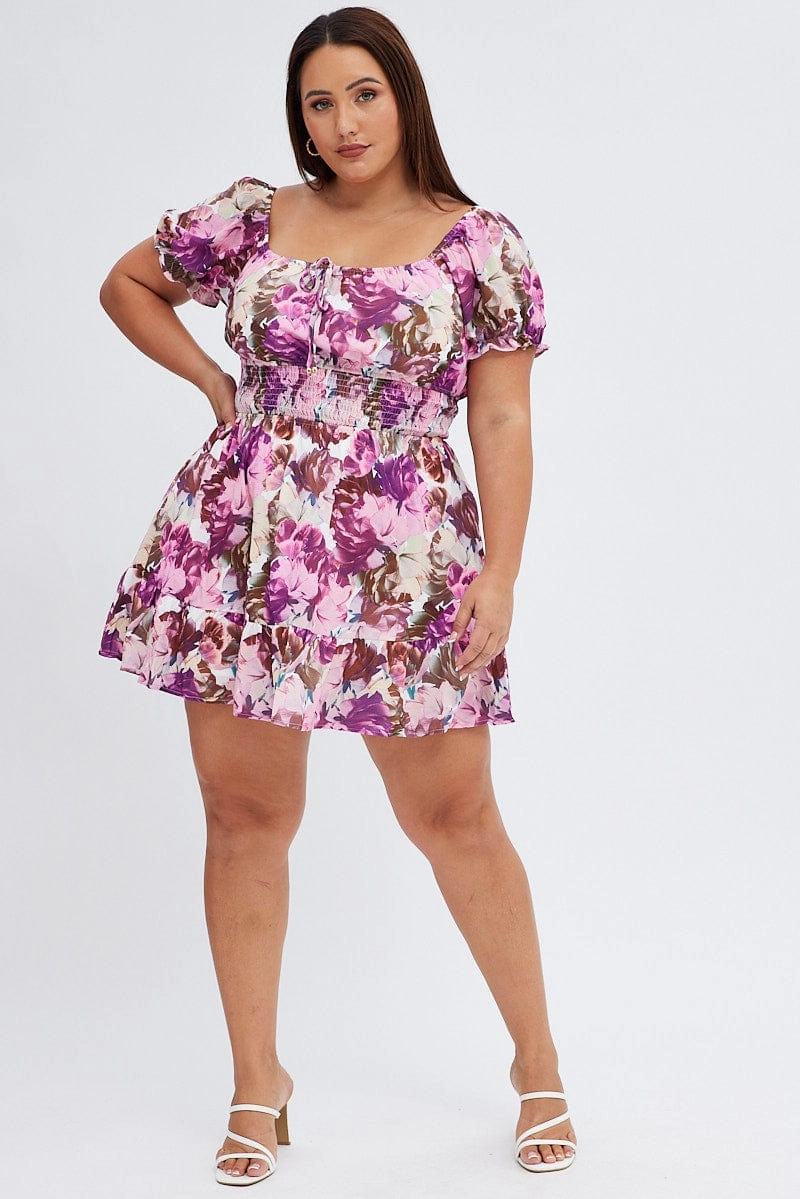 Silky Movement Scoop-Neck Pink Floral Fit And Flare Dress Short Sleeve Gathered Bust