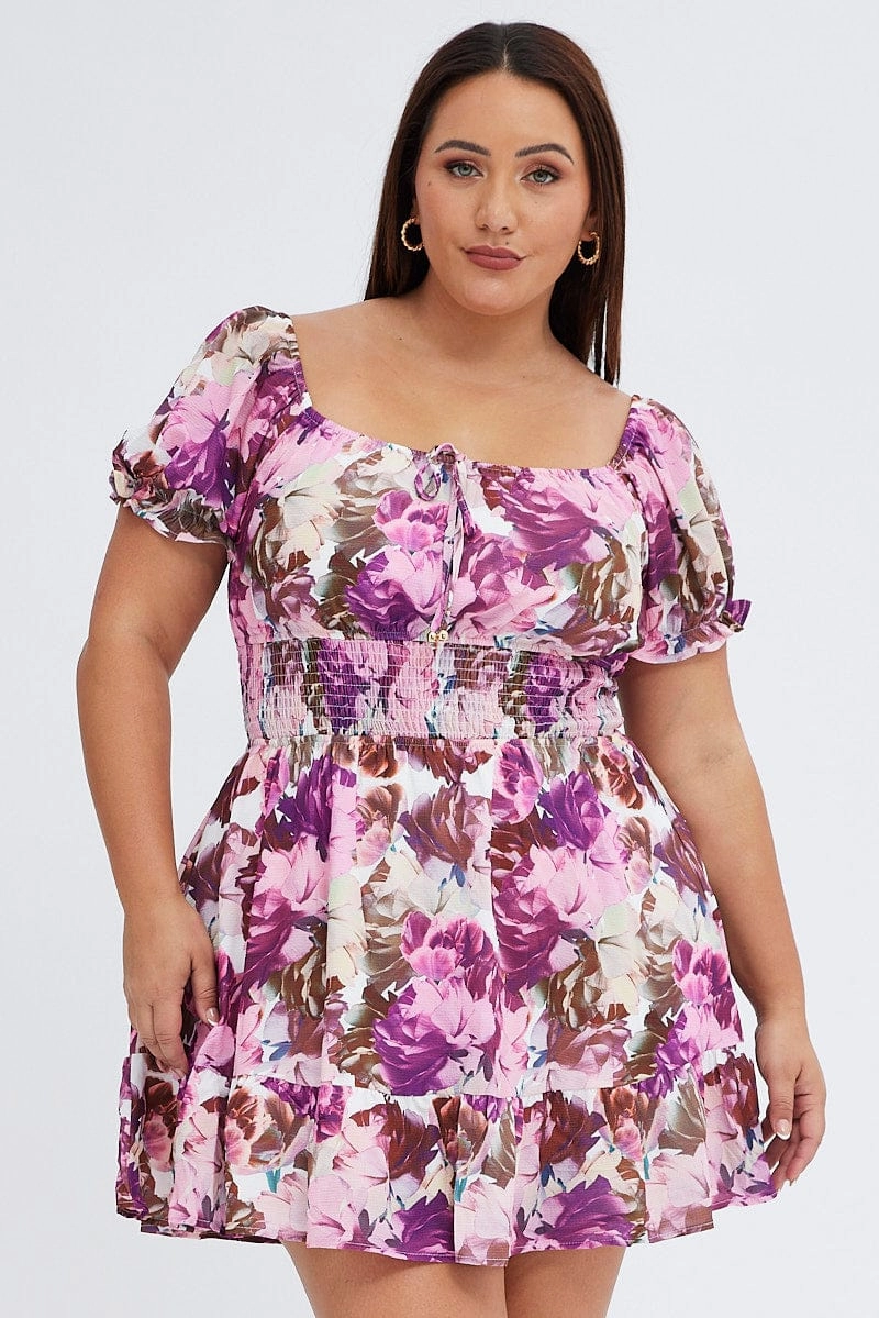 Harmonious Layers Smart and Relaxed Pink Floral Fit And Flare Dress Short Sleeve Gathered Bust