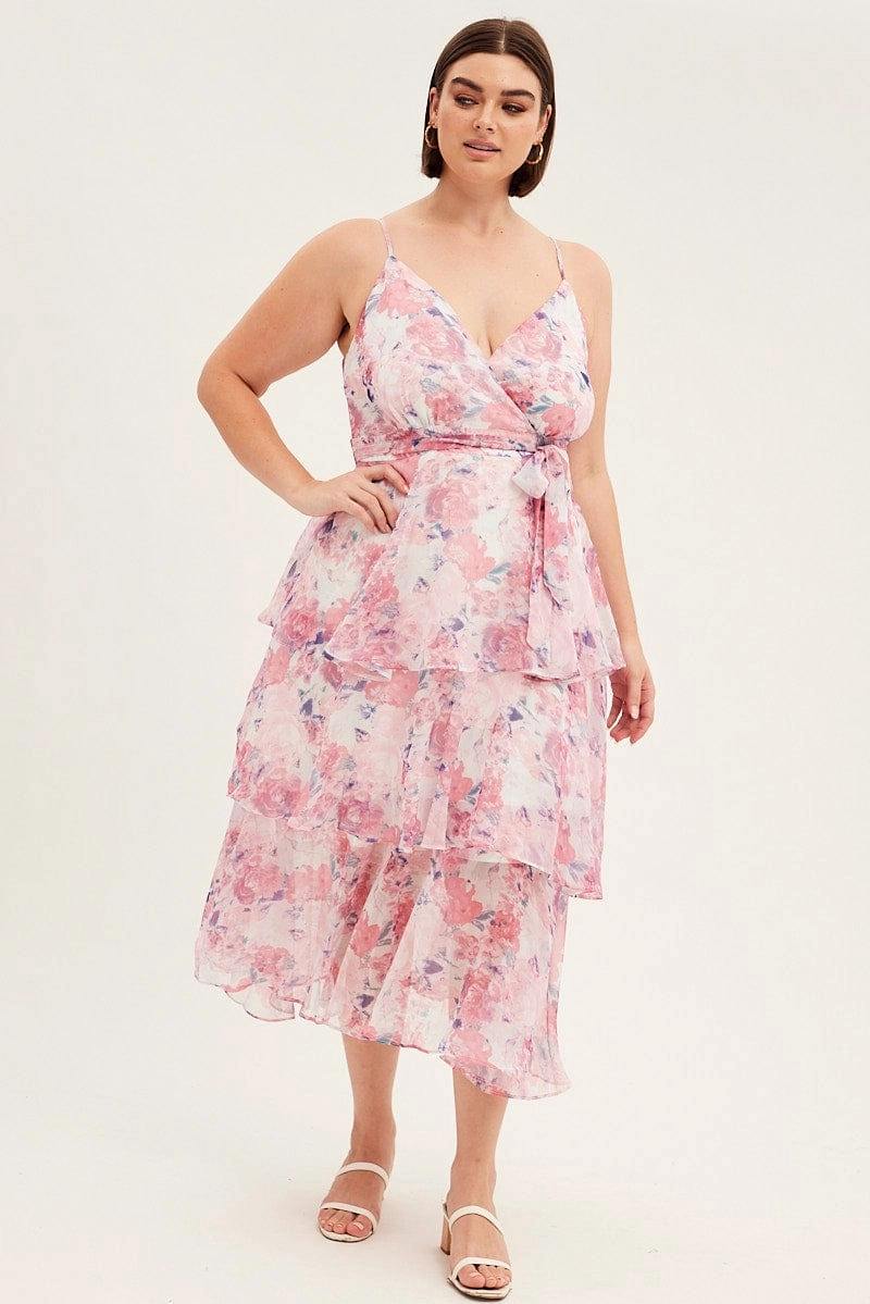 Pink Floral Midi Dress Shoestring Frill Chiffon Print Sleek and Simple Shiny Zip