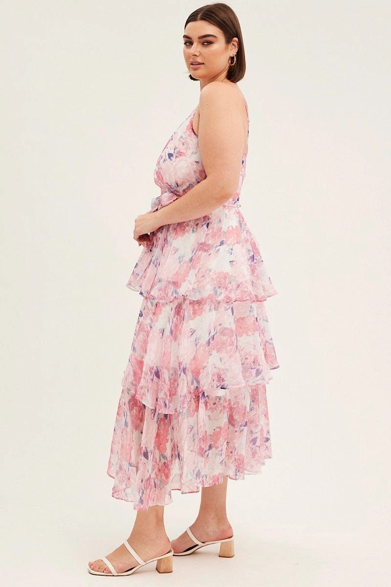 Standout Feature Pink Floral Midi Dress Shoestring Frill Chiffon Print