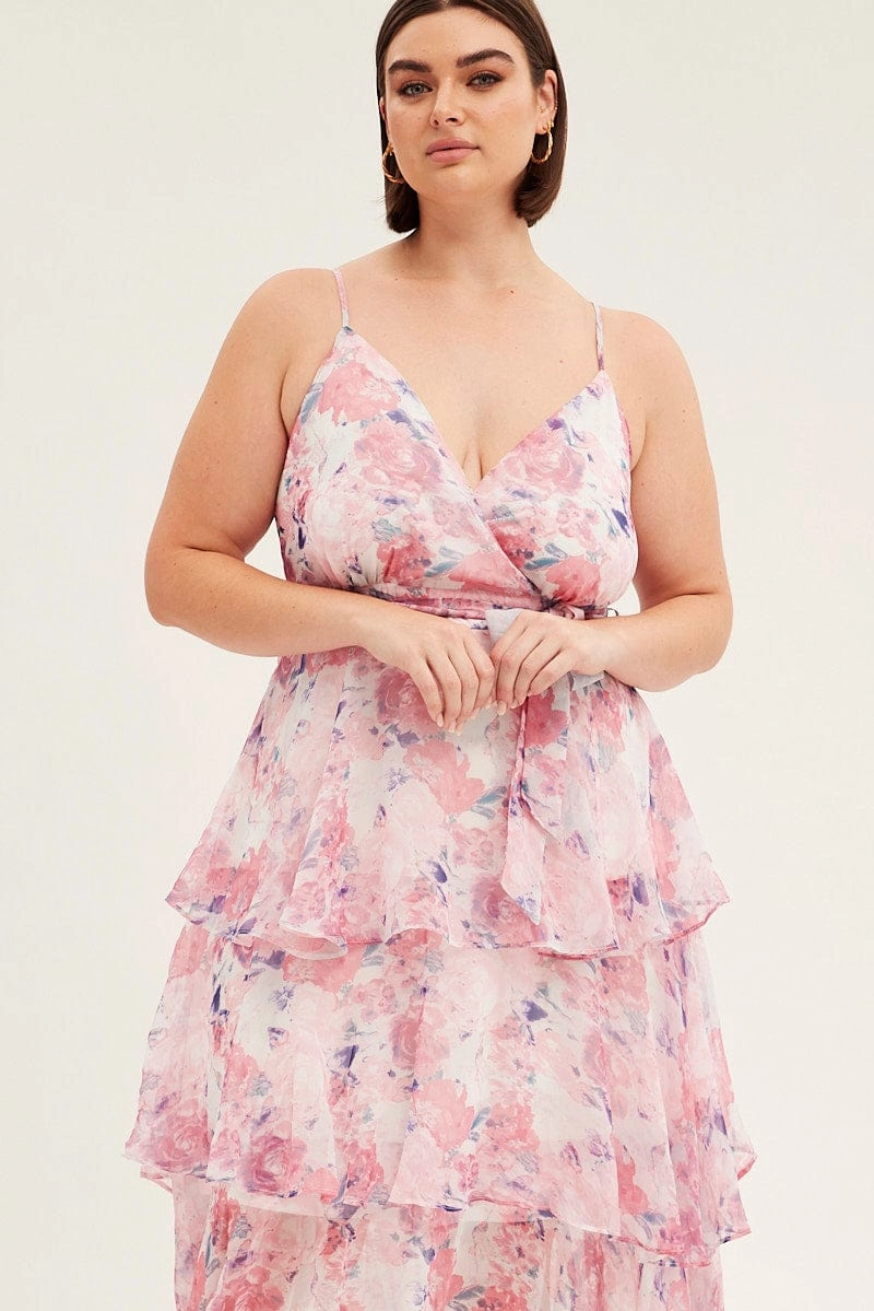 Pink Floral Midi Dress Shoestring Frill Chiffon Print Day Magic Air Touch