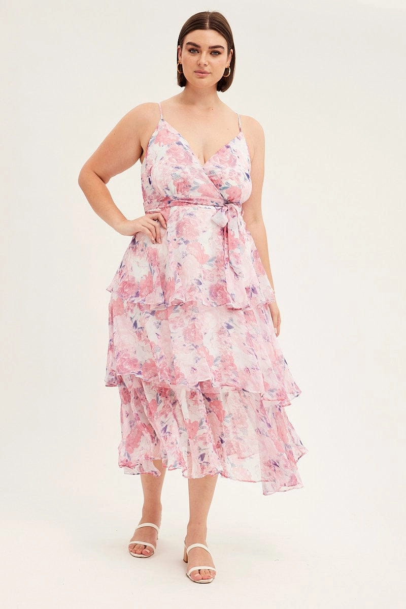 Pink Floral Midi Dress Shoestring Frill Chiffon Print Soft-touch Lace Ease