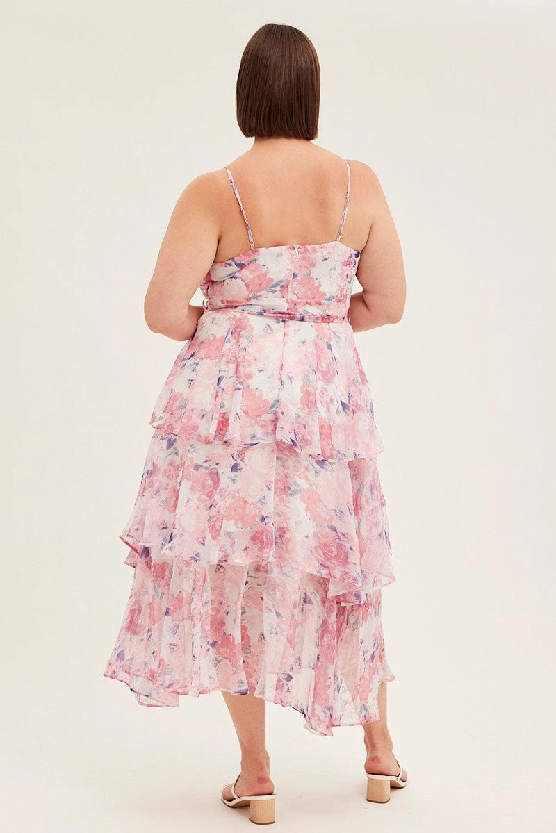 Pink Floral Midi Dress Shoestring Frill Chiffon Print Rose Soft